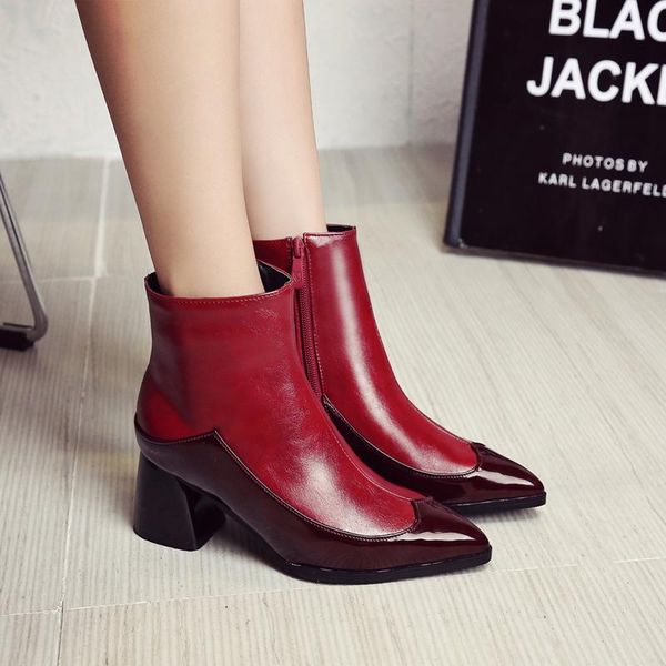 boots black and white pointy, thick heel short boots, women's patent leather, spring autumn platform shoes
boots black and white pointy, thick heel short boots, women's patent leather, spring autumn platform shoes