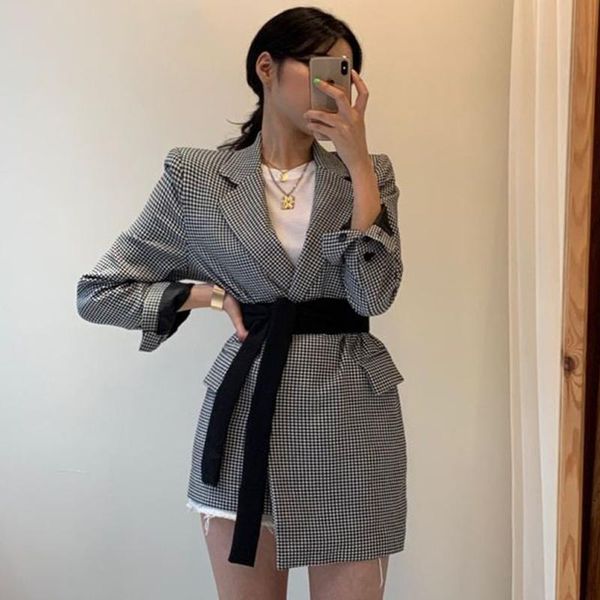 women's suits & blazers 2021 vintage plaid stitching irregular straps long sleeve black blazer women fall winter korean style loose tre, White;black
women's suits & blazers 2021 vintage plaid stitching irregular straps long sleeve black blazer women fall winter korean style loose tre, White;black