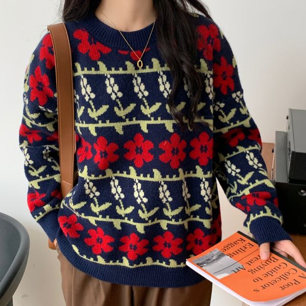 2021 new vintage lazy flower jacquard warm christmas women's ins autumn winter knitted pullover sweater pull femme 48du, White;black
2021 new vintage lazy flower jacquard warm christmas women's ins autumn winter knitted pullover sweater pull femme 48du, White;black