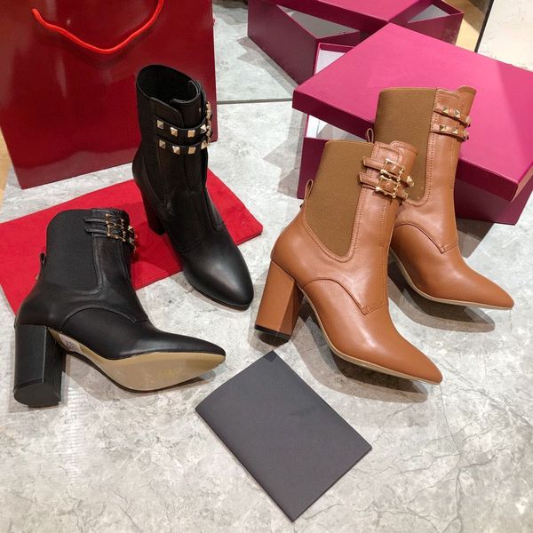designers womens shoes new high heel fashion shoes round head leather womens square button rivet womens boots single boots, Black