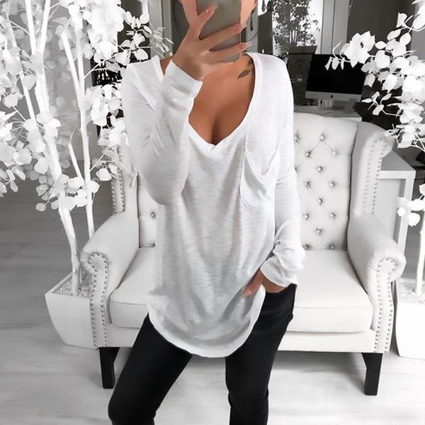 women's t-shirt plus size 5xl 2021 spring autumn fashion for women solid color long sleeve harajuku shirt deep v-neck pocket woman tsh, White 
women's t-shirt plus size 5xl 2021 spring autumn fashion for women solid color long sleeve harajuku shirt deep v-neck pocket woman tsh, White