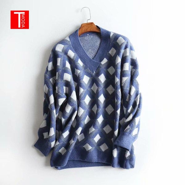 women's sweaters 2021 geometric pattern print sweater blue white-diomand v-neck pullovers long sleeve casual ladies feminine streetwea, White;black
women's sweaters 2021 geometric pattern print sweater blue white-diomand v-neck pullovers long sleeve casual ladies feminine streetwea, White;black