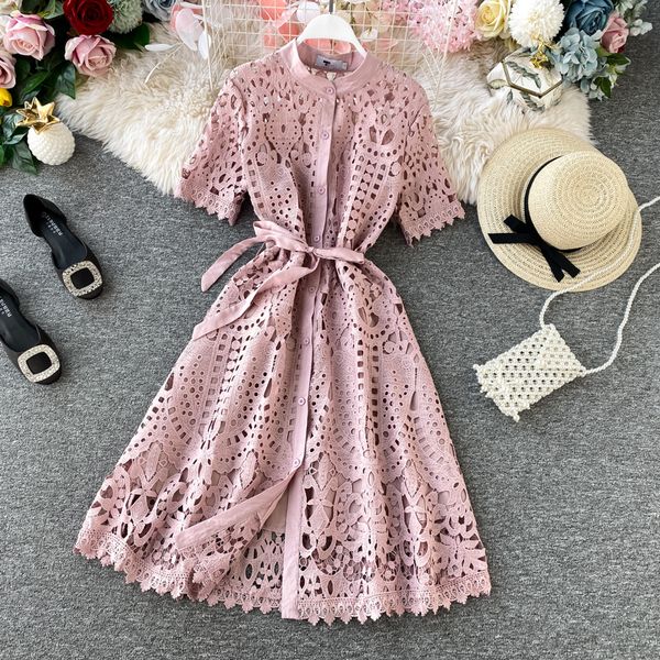 women elegant hollow out lace dress office lady summer solid o-neck button up sashes midi dress female chic short sleeve dress 210302, Black;gray
women elegant hollow out lace dress office lady summer solid o-neck button up sashes midi dress female chic short sleeve dress 210302, Black;gray