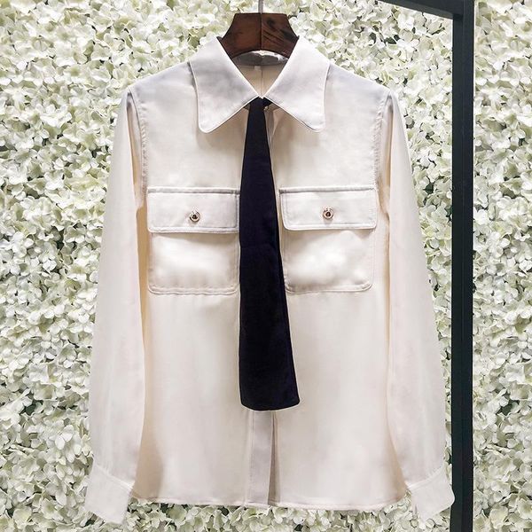 women's blouses & shirts fashion apricot lapel double pocket casual shirt bandage gold buckle elegant retro women summer clothes 2021, White
women's blouses & shirts fashion apricot lapel double pocket casual shirt bandage gold buckle elegant retro women summer clothes 2021, White