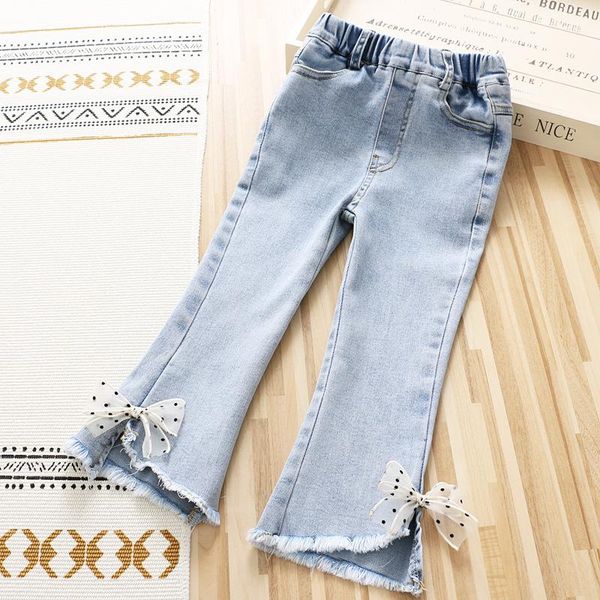 girl bow with denim children's elastic slimmed jeans, Blue
