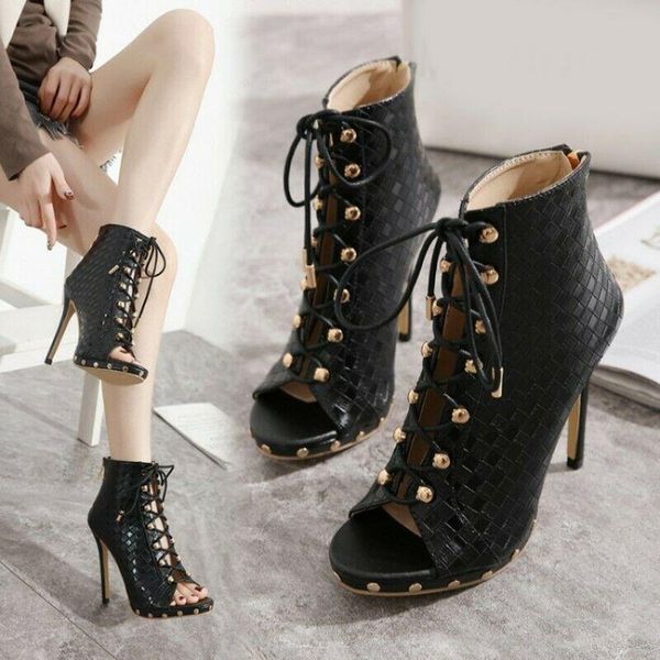 dress shoes women sandal lace up high hollow out stud peep toe ankle boots heels size, Black
dress shoes women sandal lace up high hollow out stud peep toe ankle boots heels size, Black