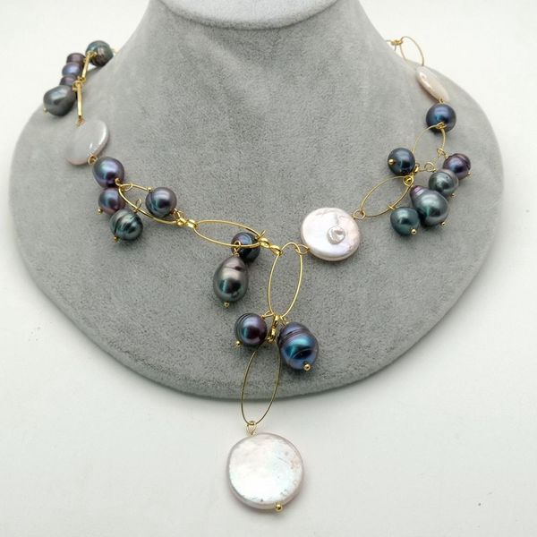 21" natural black white freshwater pearl gold color chain necklace for women romantic jewelry gift, Silver
21" natural black white freshwater pearl gold color chain necklace for women romantic jewelry gift, Silver
