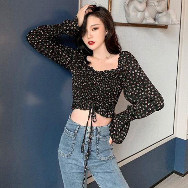women's t-shirt chiffon shirt fashion square collar long slevee sweet pleated small floral print short 2021, White
women's t-shirt chiffon shirt fashion square collar long slevee sweet pleated small floral print short 2021, White