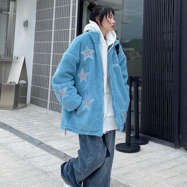women's jackets 2021 lamb plush thick coat female autumn and winter oversize japanese korean loose wild jacket star women, Black;brown
women's jackets 2021 lamb plush thick coat female autumn and winter oversize japanese korean loose wild jacket star women, Black;brown
