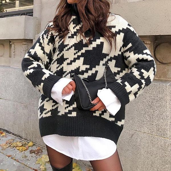 winter turtleneck sweaters warm thick knitted casual geometric print loose sweater women long sleeve pullover, White;black
winter turtleneck sweaters warm thick knitted casual geometric print loose sweater women long sleeve pullover, White;black