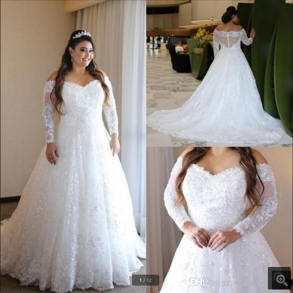 2021 plus size wedding dresses long sleeves lace applique off the shoulder covered buttons custom made covered buttons back wedding gown, White
2021 plus size wedding dresses long sleeves lace applique off the shoulder covered buttons custom made covered buttons back wedding gown, White