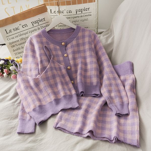 sweet plaid three-piece women's new o neck single-breasted long-sleeved loose sweater with short strap two piece set skirt, White
sweet plaid three-piece women's new o neck single-breasted long-sleeved loose sweater with short strap two piece set skirt, White