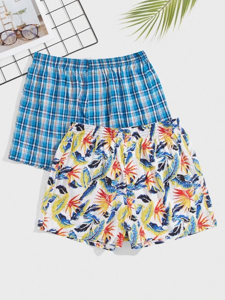 men 2pcs plaid and leaf print pajama shorts t25a#, Black;brown 
men 2pcs plaid and leaf print pajama shorts t25a#, Black;brown