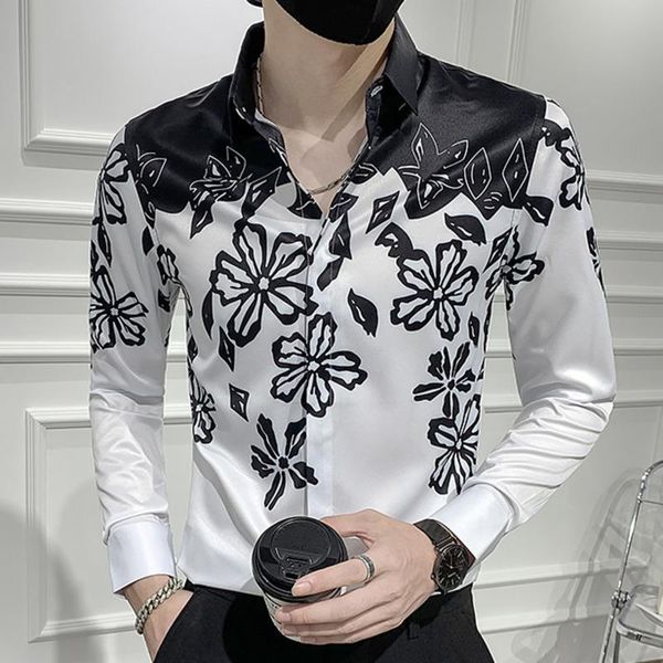men's casual shirts black white flower patchwork print shirt men camisa slim fit masculina social formal for korean prom club outfit, White;black
men's casual shirts black white flower patchwork print shirt men camisa slim fit masculina social formal for korean prom club outfit, White;black
