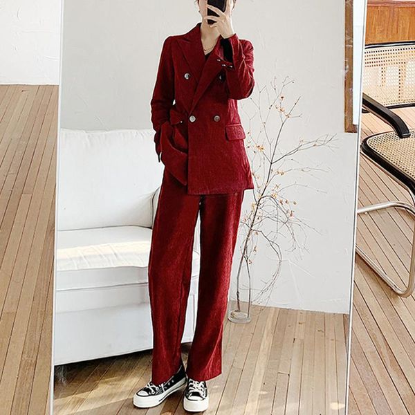 women's two piece pants wenfly women casual vintage corduroy woman suit pieces sets notched double breasted jacket high waist straight, White 
women's two piece pants wenfly women casual vintage corduroy woman suit pieces sets notched double breasted jacket high waist straight, White