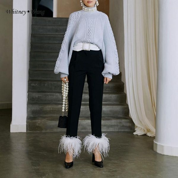 women's pants & capris whitney wang 2021 autumn winter fashion streetwear back waist elastic feathers suit women office lady trousers, Black;white
women's pants & capris whitney wang 2021 autumn winter fashion streetwear back waist elastic feathers suit women office lady trousers, Black;white