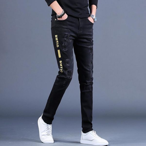 men's jeans 2021 spring print hole black elastic slim pants casual, Blue