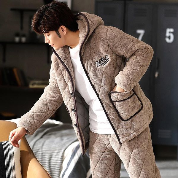 men's sleepwear 2021 winter three-layer quilted warm pajamas two-piece set men fashion hooded home casual wear coral fleece pyjamas set, Black;brown
men's sleepwear 2021 winter three-layer quilted warm pajamas two-piece set men fashion hooded home casual wear coral fleece pyjamas set, Black;brown