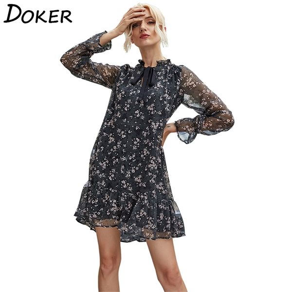 women floral print chiffon dress fashion bow tie neck long sleeve elegant office lady es ruffles party mini vestidos 210604, Black;gray
women floral print chiffon dress fashion bow tie neck long sleeve elegant office lady es ruffles party mini vestidos 210604, Black;gray
