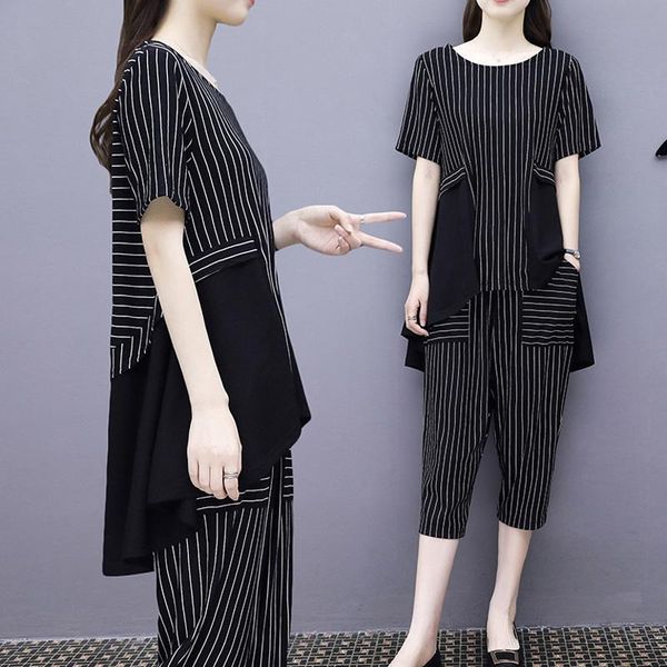 large plus size matching set outfit elegant stripe suits for women casual two piece and wide leg pants female summer dress, White
large plus size matching set outfit elegant stripe suits for women casual two piece and wide leg pants female summer dress, White