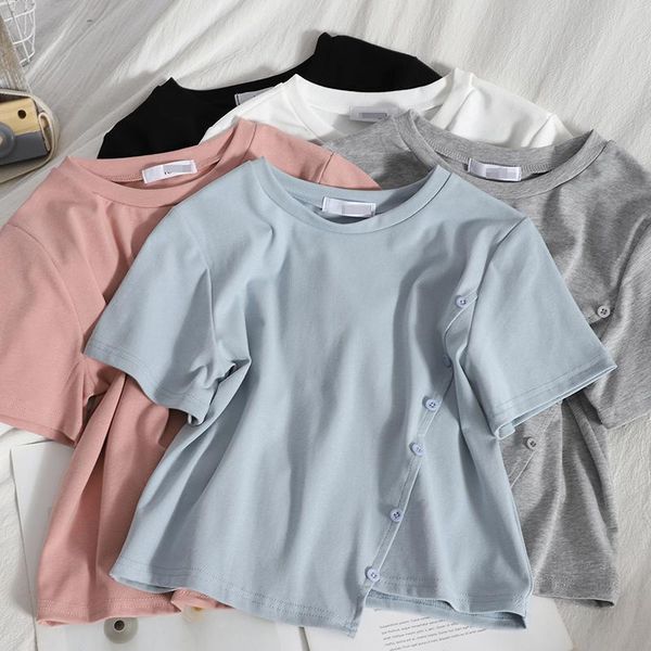 women's t-shirt summer korean oblique-breasted irregular hedging round neck short-sleeved all-match solid color was thin short top, White
women's t-shirt summer korean oblique-breasted irregular hedging round neck short-sleeved all-match solid color was thin short top, White