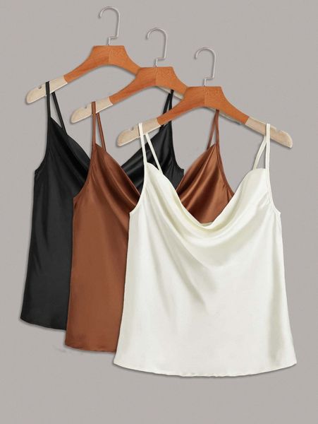3pcs draped collar satin cami h0hq#, White