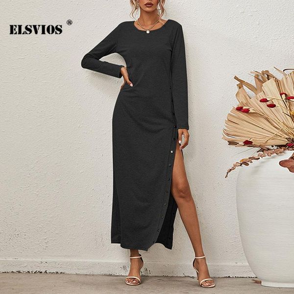 spring autumn casual o neck solid color irregular long dress fashion slim sleeves buttons split pullover elegant dresses, Black;gray
spring autumn casual o neck solid color irregular long dress fashion slim sleeves buttons split pullover elegant dresses, Black;gray