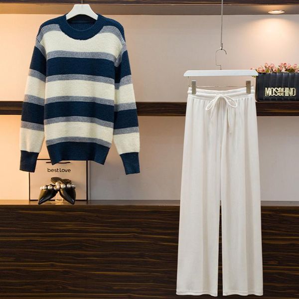 women's two piece pants autumn and winter casual round neck contrast striped plus size knitted sweater + high waist two-piece wide leg, White
women's two piece pants autumn and winter casual round neck contrast striped plus size knitted sweater + high waist two-piece wide leg, White