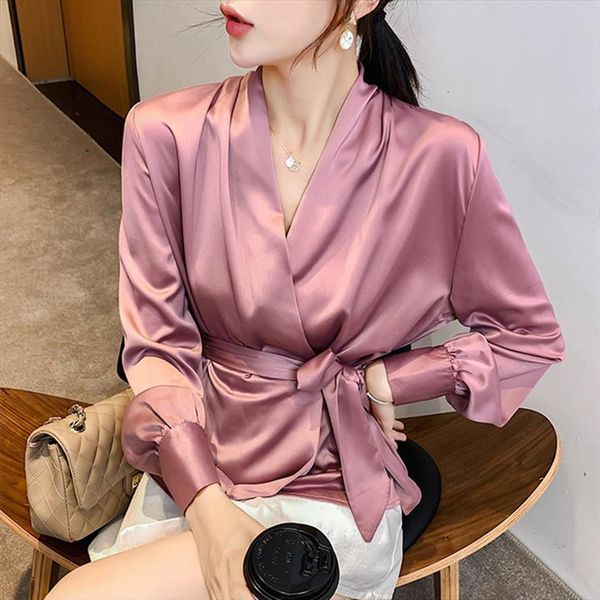 autumn long sleeve wrap womens shirts v neck satin elegant work bow lace up waist silk blouses, White
autumn long sleeve wrap womens shirts v neck satin elegant work bow lace up waist silk blouses, White