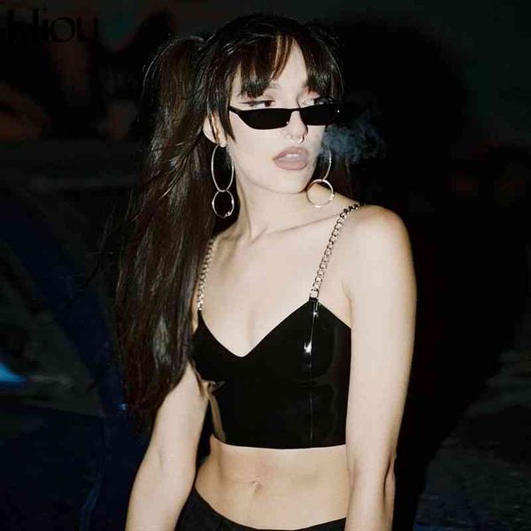 v neck pu leather women camis metal chain strap crop cleavage fashion female spangly back zipper tees, White
v neck pu leather women camis metal chain strap crop cleavage fashion female spangly back zipper tees, White