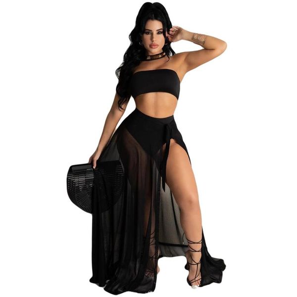 women's swimwear summer solid color swimsuit three-piece beach net see-through skirt tube briefs suit, White;black
women's swimwear summer solid color swimsuit three-piece beach net see-through skirt tube briefs suit, White;black