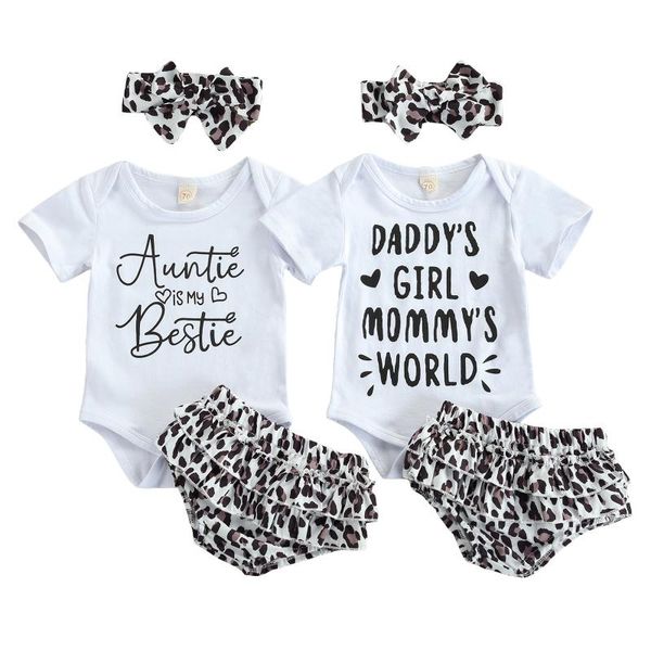 baby girls 3pcs summer outfits, short sleeve letter print romper + leopard bloomers headband set clothing sets, White 
baby girls 3pcs summer outfits, short sleeve letter print romper + leopard bloomers headband set clothing sets, White