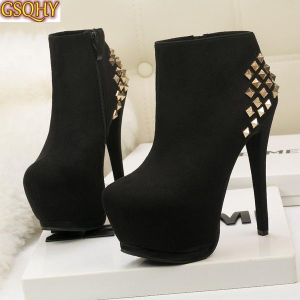high heel women's boots super stiletto platform booties rivets pointed slim and bare women, Black
high heel women's boots super stiletto platform booties rivets pointed slim and bare women, Black