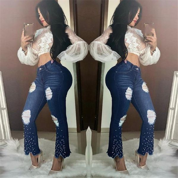 women's jeans 2021 high street fashion pearl spliced lady tide party broken hole design slim denim flare pants, Blue
women's jeans 2021 high street fashion pearl spliced lady tide party broken hole design slim denim flare pants, Blue