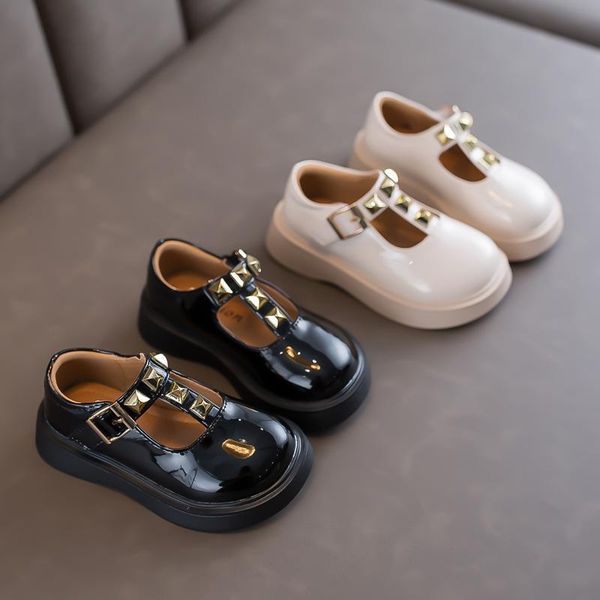 flat shoes autumn girls princess rivet patent leather children, Black;grey