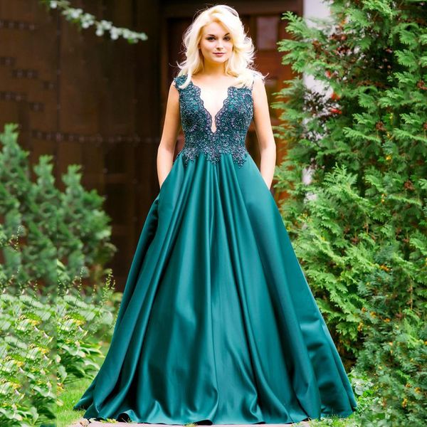 dark green v neck a line lace evening dresses with pockets appliqued sweep train corset back satin prom special occasion gowns, Black;red
dark green v neck a line lace evening dresses with pockets appliqued sweep train corset back satin prom special occasion gowns, Black;red