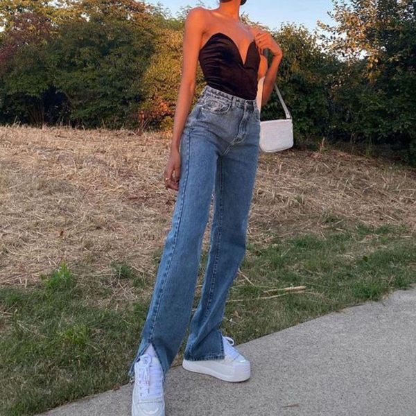 women's jeans high waist solid color straight floor length trousers with pockets loose splitting hem denim pants, Blue
women's jeans high waist solid color straight floor length trousers with pockets loose splitting hem denim pants, Blue