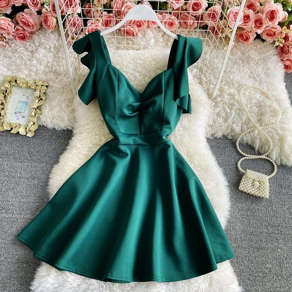 party dress summer fashion solid color retro elegant low-cut a-line mini for womens open back short vestido casual dresses, Black;gray
party dress summer fashion solid color retro elegant low-cut a-line mini for womens open back short vestido casual dresses, Black;gray