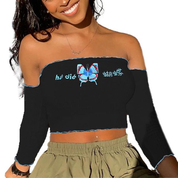 women's t-shirt women long sleeve off shoulder butterfly embroidery ruffled crop ladies fashion t-shirts, White
women's t-shirt women long sleeve off shoulder butterfly embroidery ruffled crop ladies fashion t-shirts, White