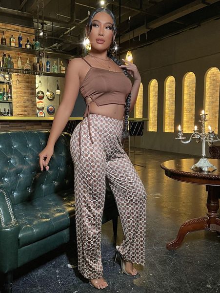 sxy knot side cami & allover geo print pants y0mt#, White 
sxy knot side cami & allover geo print pants y0mt#, White