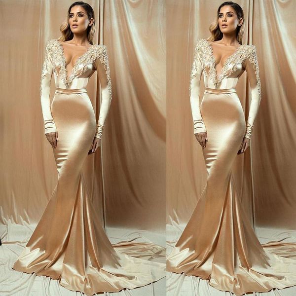 champagne satin evening dresses with long sleeve 2022 deep v-neck lace beaded floral mermaid arabic prom dress robe de soirée, Black;red
champagne satin evening dresses with long sleeve 2022 deep v-neck lace beaded floral mermaid arabic prom dress robe de soirée, Black;red