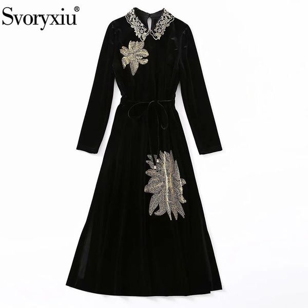 svoryxiu runway autumn winter vintage black velvet long dress women's elastic waist sleeve gold line embroidery party casual dresses, Black;gray
svoryxiu runway autumn winter vintage black velvet long dress women's elastic waist sleeve gold line embroidery party casual dresses, Black;gray