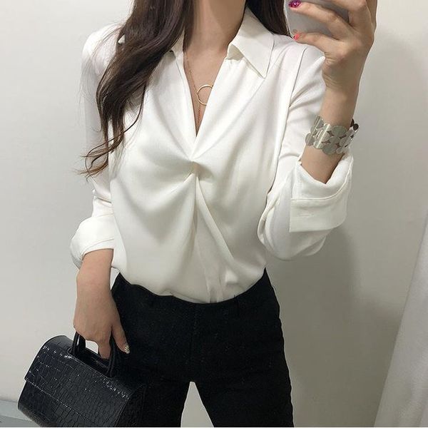 women's blouses & shirts autumn satin shirt silk women blouse elegant solid color high grade loose office lady long sleeve plus size, White 
women's blouses & shirts autumn satin shirt silk women blouse elegant solid color high grade loose office lady long sleeve plus size, White