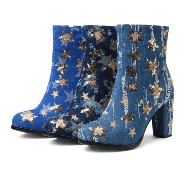 boots womens denim jeans star sequins ankle block high heel side zipper shoes round toe blue plus size 34-43, Black
boots womens denim jeans star sequins ankle block high heel side zipper shoes round toe blue plus size 34-43, Black