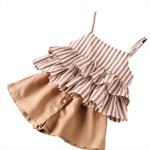 baby summer clothing child girl two piece set fashion striped ruffles suspender dress and solid color button culottes, White
baby summer clothing child girl two piece set fashion striped ruffles suspender dress and solid color button culottes, White