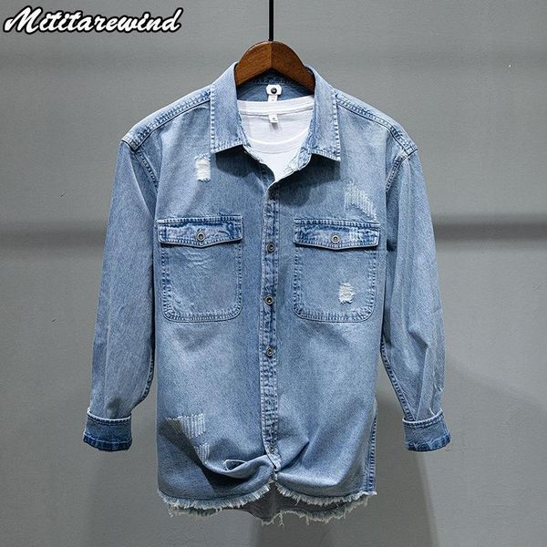 men's casual shirts long sleeve denim shirt men hole ripped jeans male spring autumn korean fashion streetwear 97%cotton slim fit, White;black
men's casual shirts long sleeve denim shirt men hole ripped jeans male spring autumn korean fashion streetwear 97%cotton slim fit, White;black