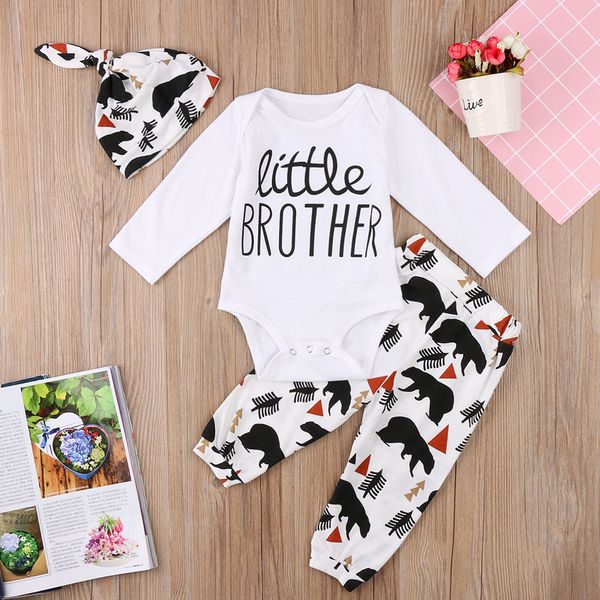 long sleeve baby brothe romper and pant with hat 3 pieces set for baby boy clothes, White
long sleeve baby brothe romper and pant with hat 3 pieces set for baby boy clothes, White