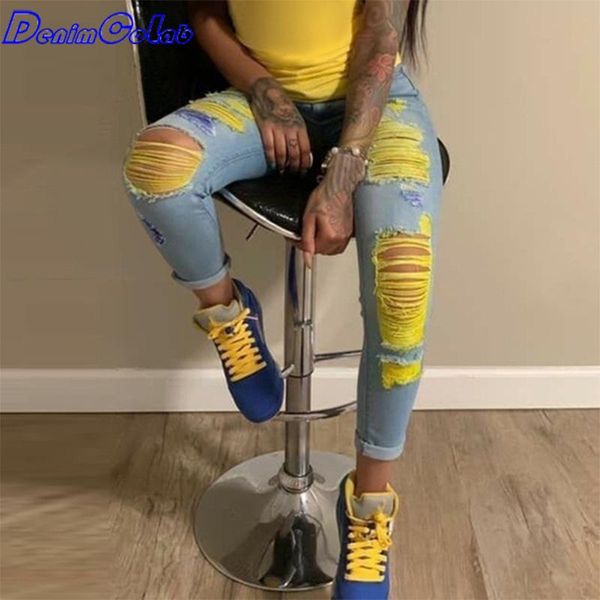 women's jeans denimcolab high waist hole elastic pants women fashion yellow yarn skinny pencil ladies stretch ripped trouser, Blue
women's jeans denimcolab high waist hole elastic pants women fashion yellow yarn skinny pencil ladies stretch ripped trouser, Blue