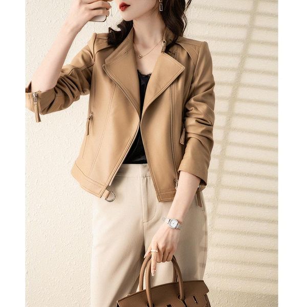 women's jackets leather 2021 spring and autumn fashion khaki locomotive sheep collar jacket short coat, Black;brown
women's jackets leather 2021 spring and autumn fashion khaki locomotive sheep collar jacket short coat, Black;brown