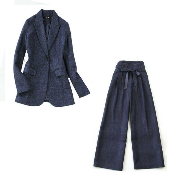 women's suit set winter large size tibetan blue herringbone slim long-sleeved wild high waist wide leg pants 210527, White